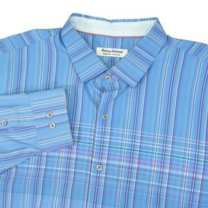 Tommy Bahama Sarasota Stretch Men XXL Blue Button Down Shirt Striped Long Sleeve